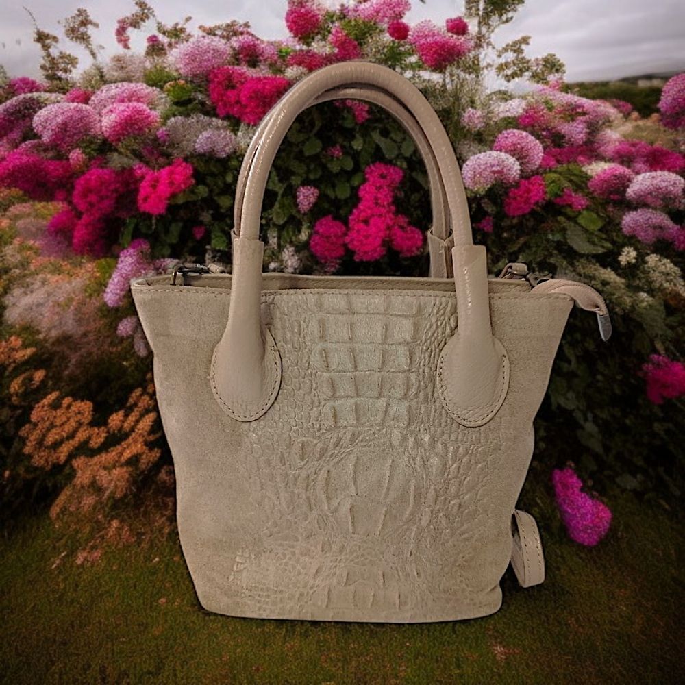 Borse in Pelle Suede Crossbody Bag Mini Bucket Bag Faux Croc Embossed Tan Italy.